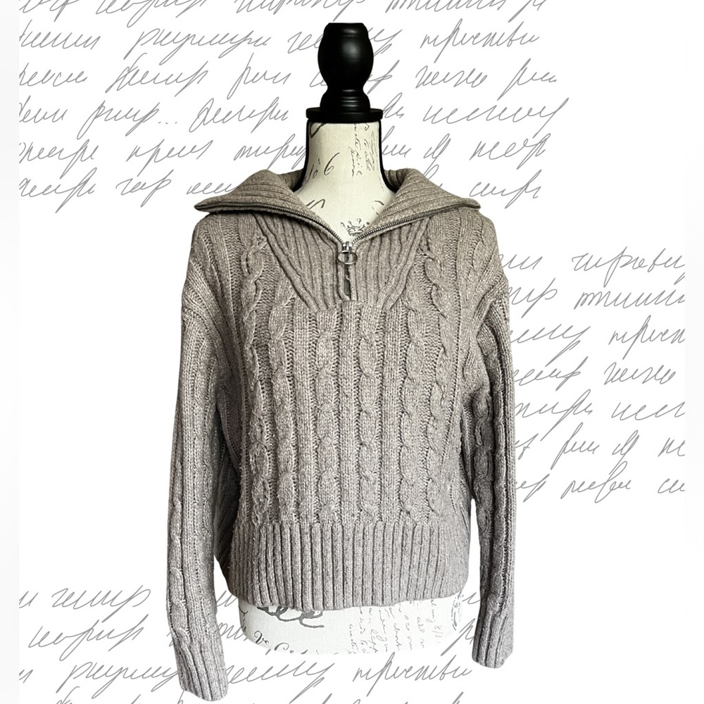 Sincerely Jules Taupe Cable-Knit Half-Zip Turtleneck Sweater